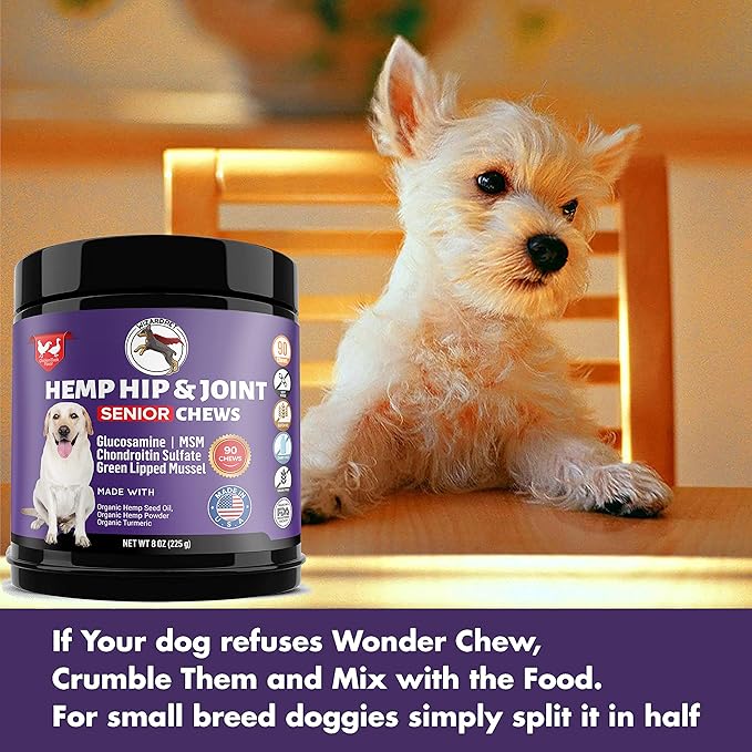 Mobility Hemp Oil Hip & Joint Supplement for Senior Dogs Chondroitin Glucosamine MSM Turmeric Green Lipped Mussel Extra Strength Formula for Dog 90 Chews
