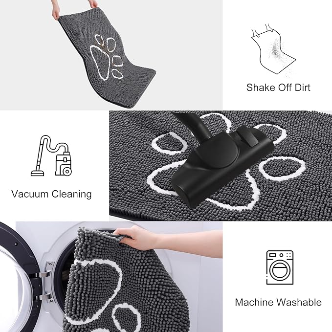 Smiry Dog Door Mat for Muddy Paws, Absorbent Dirt Trapper Non Slip Quick Dry Washable Chenille Mat for Mud Dogs, Entry Rug for Indoor and Outdoor (47x32 Inches, Dark Grey and White)