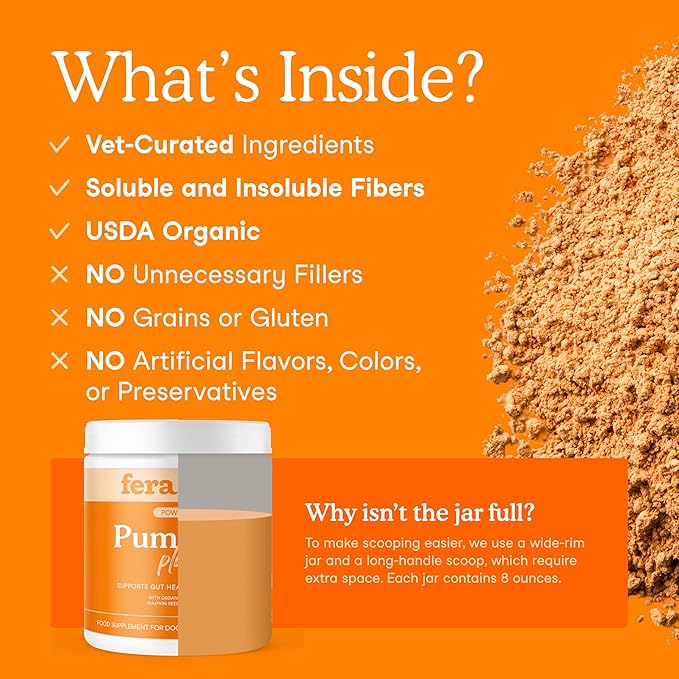 Fera Pets Cat & Dog Pumpkin Plus - Fiber Supplement - USDA Organic - Supports Gut & Digestive Health - Promotes Regularity - 7 Sources of Fiber - 90 Scoops