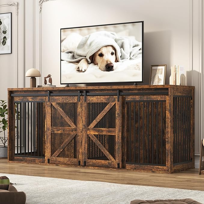 87In Farmhouse Dog Crate TV Stand, Wooden Dog Kennel Furniture with Sliding Metal Mesh Barn Door, Large Dog Crate Furniture for 2 Dogs, Solid Metal Tube & 2 Lockable Doors, Rustic Brown
