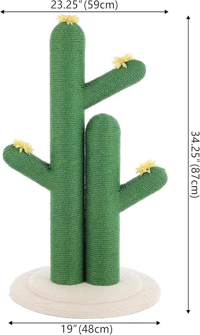 CTR1005A Socorro 34.25" Modern Jute Double-Cactus Cat Scratching Post with Flower Toys, Green/White