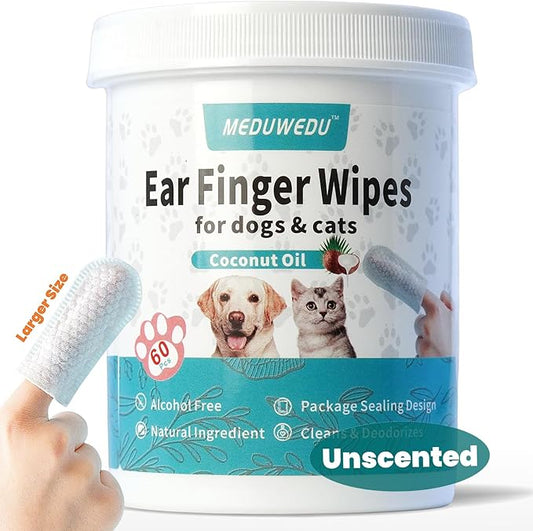 Wider Ear Cleaner Finger Wipes 60 Counts, Dog Ear Cleaner, Grooming Kit Care for Dogs and Cats,Otic Cleaning Pads, Remove Wax, Dirt & Stop Smelly, Itchy, Non-Irritating, Unscented