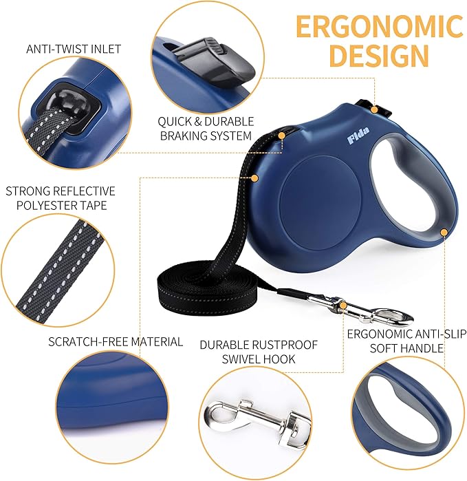 Fida Retractable Dog Leash with Dispenser and Poop Bags, 10 ft Pet Walking Leash for X-Small Dog or Cat up to 18 lbs, Anti-Slip Handle, Tangle-Free, Reflective Nylon Tape (XS, Navy Blue)