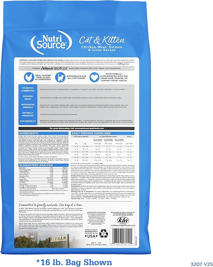 NutriSource Cat & Kitten Food, Made with Chicken Meal, Salmon and Liver, with Wholesome Grains, 16LB, Dry Cat Food