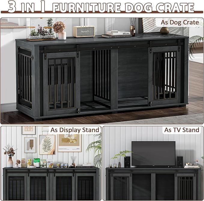 Large Dog Crate Furniture for 2 Dogs, Upgrade 71" Pro XXL Sliding Door Heavy Duty Dog Kennel Furniture with Divider, Steel Frame Indoor Double Dog Crate for Large Medium Small Dogs, Dark Black