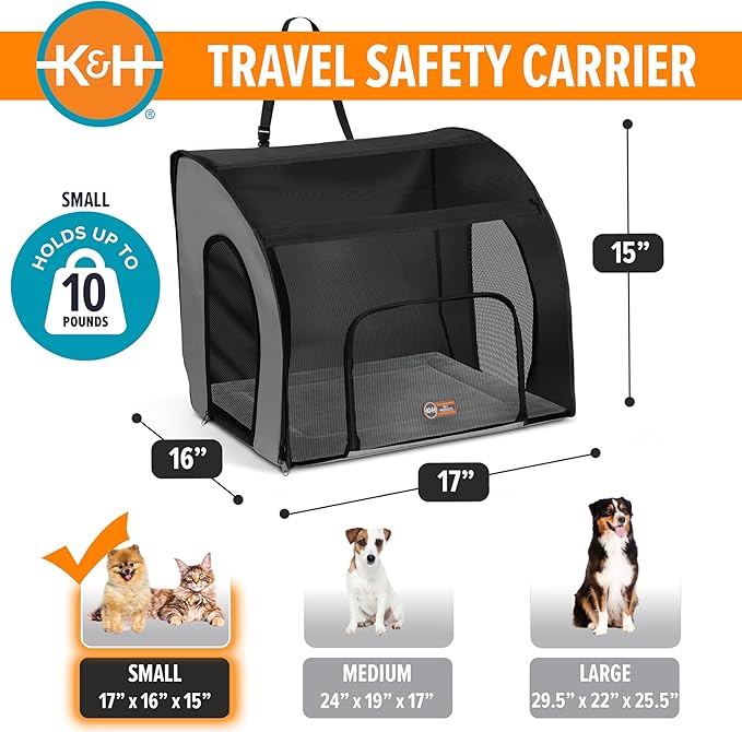 K&H Pet Products Enclosed Dog Cat Car Seat, Travel Safety Carrier for Pets, Dog Travel Car Seat, Soft-Sided Covered Cat Carrier, Washable Pad, Multiple Entrances, Mesh Windows - Small 17 X 16 X 15in