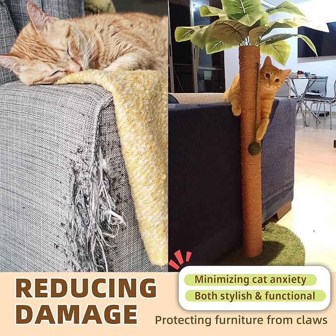 Meowoou Cat Scratching Post 33 Inch Tall Cat Scratcher for Indoor Cats Adults,Small Cat Tree Tower Sisal Rope Kitten Scratch with Interactive Hanging Ball