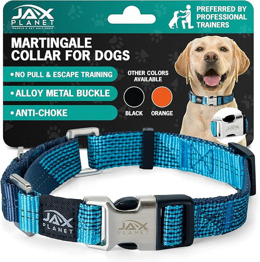 Blue Martingale Collar for Dogs - Heavy Duty Nylon Pet Collars for Escape-Free, No Pull Training & Walking with Alloy Metal Release Buckle & Reflective D Ring, One Time Adjustment, Safe & Secure
