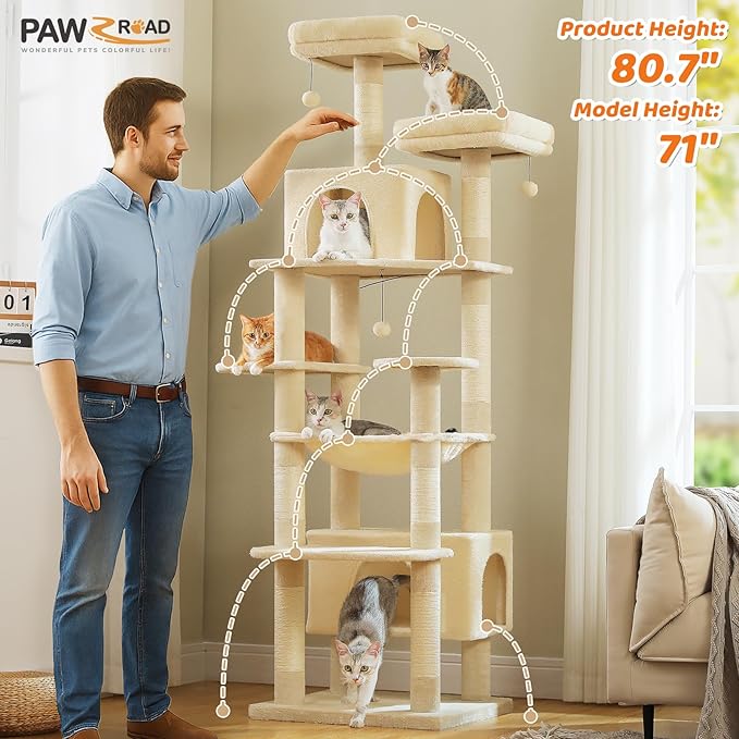 PAWZ Road Heavy Duty Cat Tree for Large Cats, 81 Inches Tall Cat Tower with 2 Perches, 2 Condos and Spacious Hammock, XL Extra Large Condo with 7 Scratching Posts for 20lb+ Adult Cats,Beige