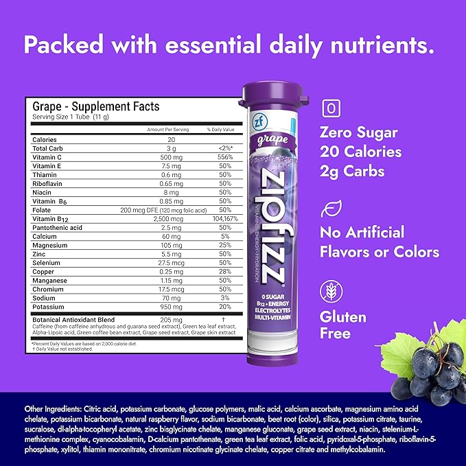 Zipfizz Daily Energy Drink Powder, Grape, 20 Pack | 3-in-1 Sustained Energy, Rapid Hydration, and Essential Vitamins | Sugar-Free | Electrolyte Powder | Contains Vitamin B-12 & Antioxidants