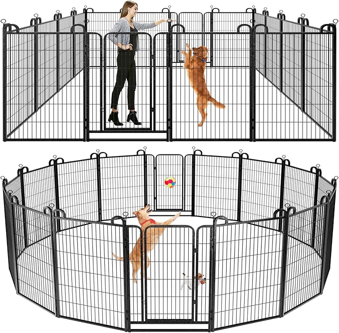 Dog Playpen Outdoor 16 Piece Panels Heavy Duty Dog Fence 47" Height Anti-Rust with Doors Portable for RV Camping Yard, Total 36FT, 103 Sq.ft, Snowy Black