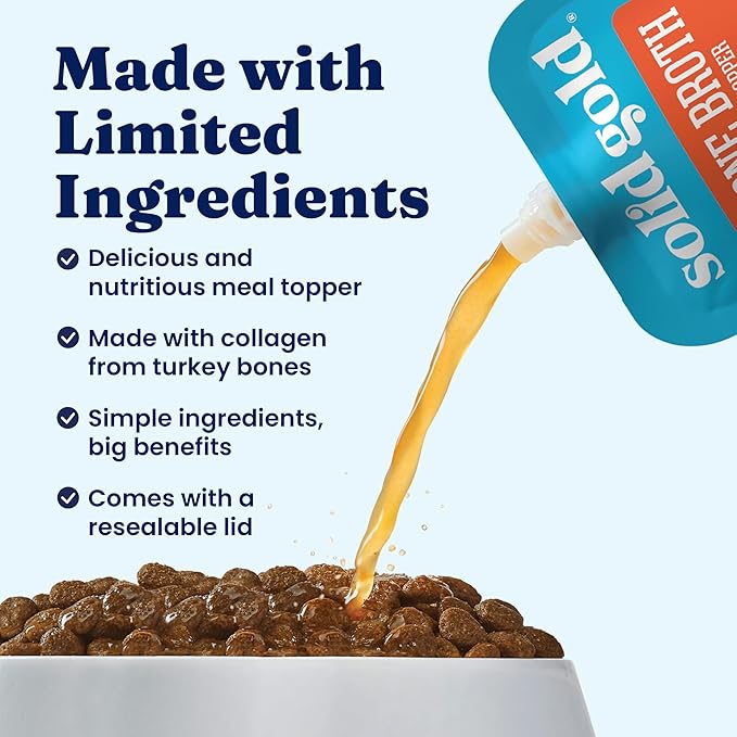 Solid Gold Turkey Bone Broth for Dogs - Limited Ingredient Bone Broth Dog Food Toppers for Picky Eaters with Collagen & Superfoods - Dog Gravy Topper for Dry Food - Gut Health & Hydration - 12 Pack