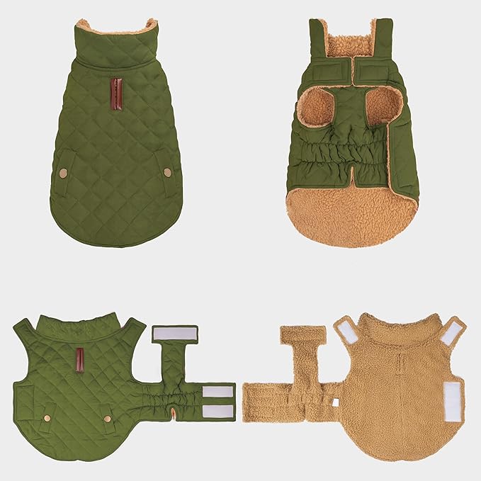 azuza Dog Jacket Waterproof & Windproof Dog Coat for Small Dogs with Thick Fleece, High Collar with Leash Hole, Adjustable Velcro & Elastic Belly, Army Green M