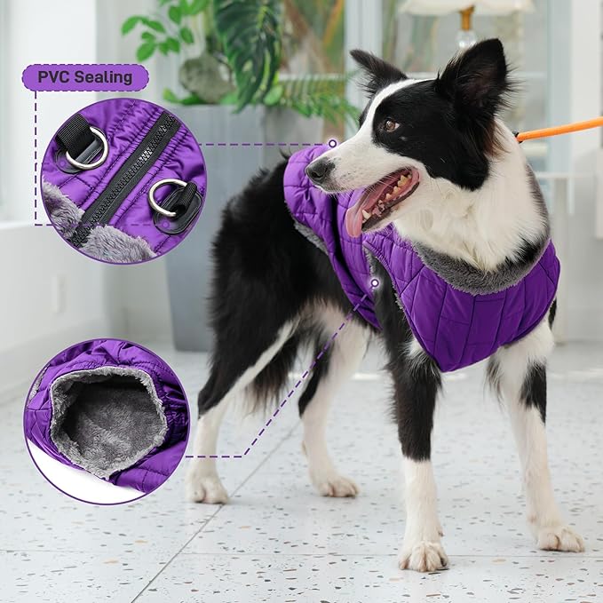Warm Fleece Dog Coats with Durable Harness Buitl in D-Ring,Waterproof Puppy Jacket for Small Dogs,Dog Vest for Cold Winter,Purple M