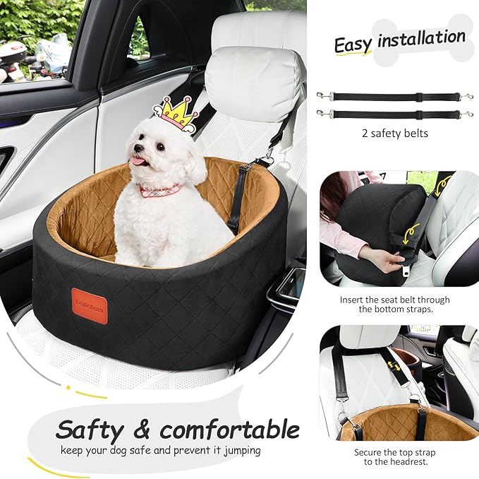 Dog Car Seat for Small Dogs Up to 30 Lbs,Ultra Soft Fabric Fill in Comfy Memory Foam,Happy Pet Ride,2 Safety Dog Leashes,Fully Detachable and Washable,Anti Slip Base(Black/Coffee)
