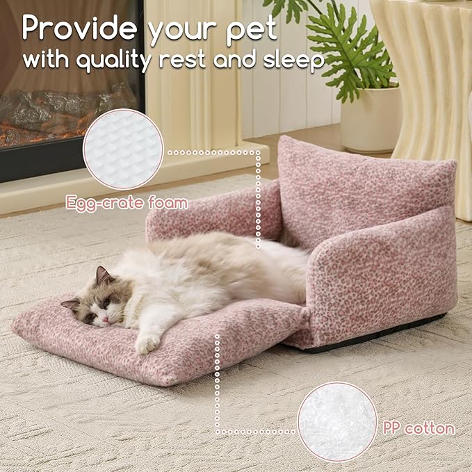 Hollypet Cat Bed Fluffy Plush Mutifuctional Double-Layer Soft Pet Couch Orthopedic Sofa Nest Beds for Small Cats and Dogs, Pink Leopard (25x20x13 inch)