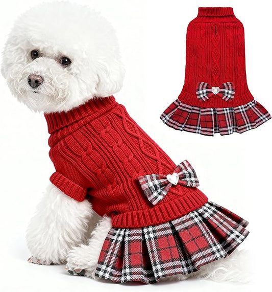 WOYYHO Girl Dog Sweater Dress with Bowtie Turtleneck Small Dogs Sweater with Leash Hole, Knitted Small Dog Sweaters Dress Puppy Winter Clothes for Yorkies Chihuahua (Large, Red)
