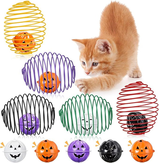 Jecery 5 Pcs Halloween Cat Spring Balls Toys Stretchable Rolling Balls Colorful Playful Coils Interactive Spring Action Toy Caged Rats for Kitten Cat Pet Supplies(Bell,Halloween Colors,5 Pcs)