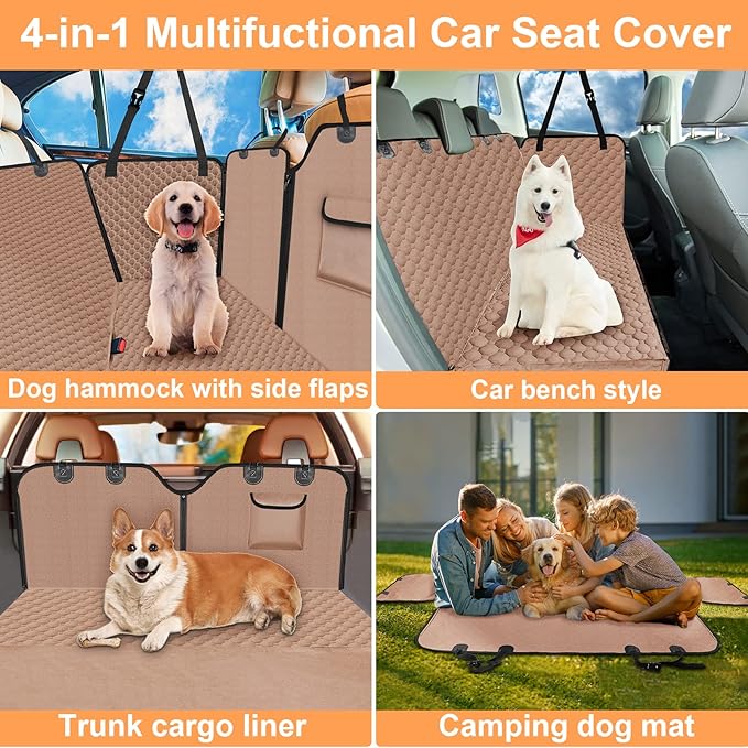 Mancro Back Seat Pet Cover for Dogs, 2025 Upgraded 600D Heavy Duty Waterproof & Scratch-Resistant Dog Hammock for Car, Car Cover for Dogs with Sedan, Trucks and SUVs, Standard, Khaki