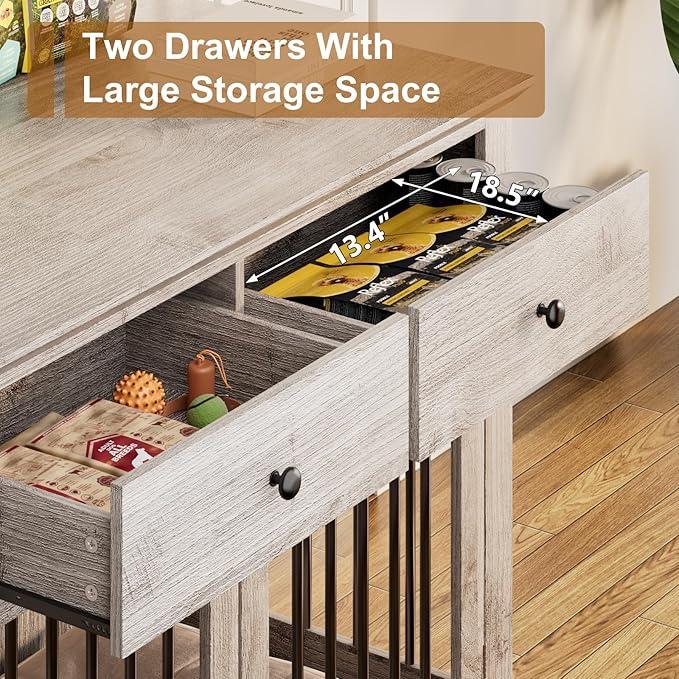 PUKAMI 44inch Dog Crate Furniture with Drawers,Wooden Dog Kennel Furniture for Large Breed,End Table Wood Dog House for Indoor use (Grey)