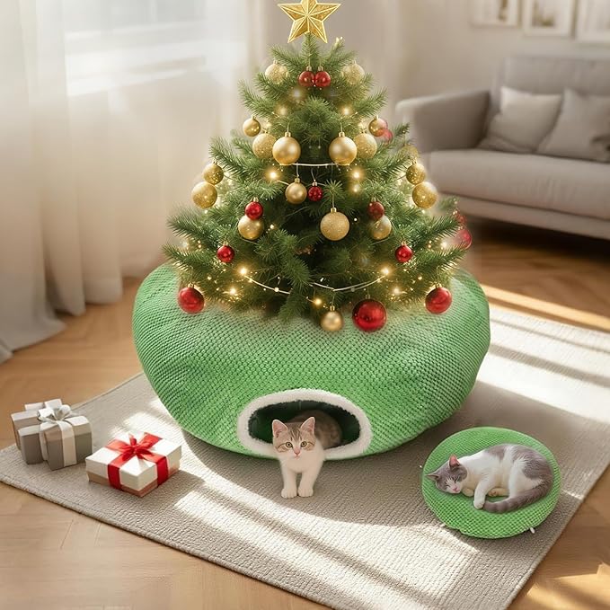 Cat Tunnel Bed for Indoor Cats, Peekaboo Cat Cave Bed,Soft Cat Donut Tunnel for Kitten Large Cats, Cute Frog Shaped