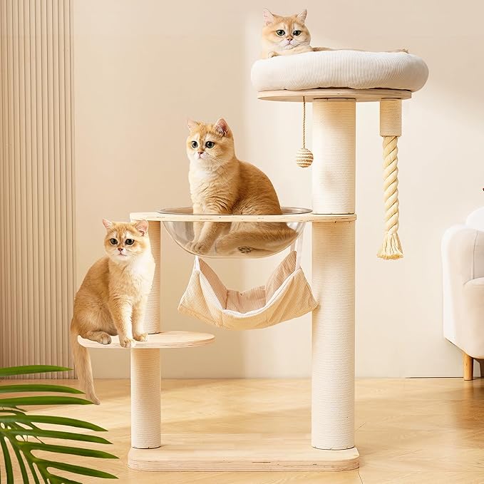 Modern Cat Tree Tower with Hammock for Indoor, Multifunctional 41-in Spacious Cat Tower with Bed, Space Capsule, Dangling Ball, Interactive Rope, Scratching Post