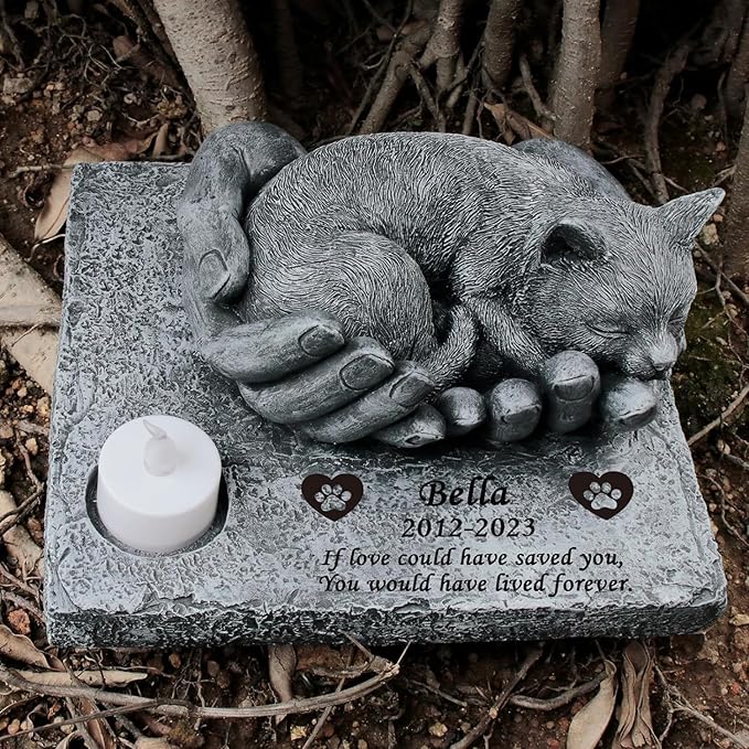 Personalized Cat Memorial Stones with Candle Holder, Cat Memorial Garden Stones with Sleeping Cat Statue in God's Hands Waterproof Cat Grave Markers Tombstones Headstone Sympathy Gifts, 8.5"x7.5"x4.7"