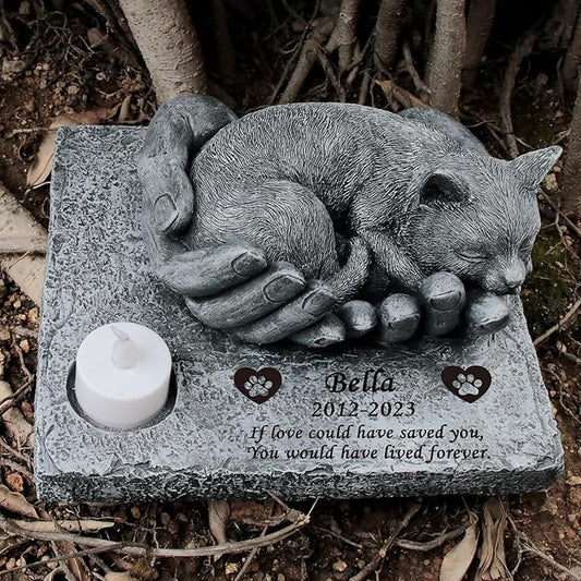 Personalized Cat Memorial Stones with Candle Holder, Cat Memorial Garden Stones with Sleeping Cat Statue in God's Hands Waterproof Cat Grave Markers Tombstones Headstone Sympathy Gifts, 8.5"x7.5"x4.7"