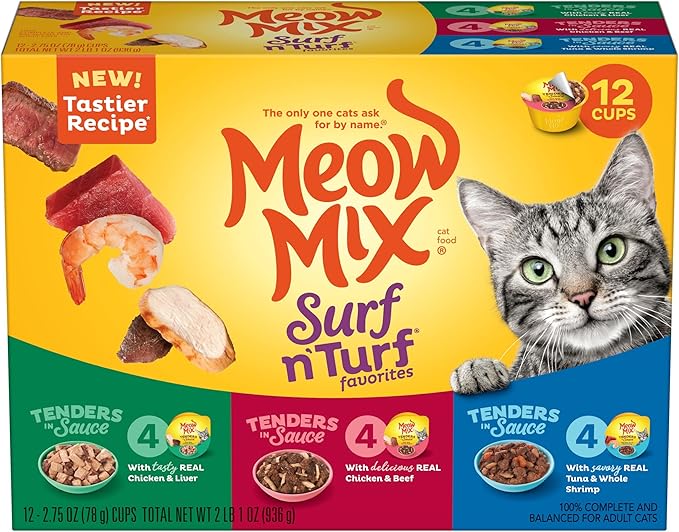Meow Mix Tender Centers Basted Bites Dry Cat Food, Chicken & Tuna Flavor, 3 Pound (Pack of 4) + Tender Favorites Wet Cat Food Surf 'N Turf Variety Pack, 2.75 Ounce (Pack of 48) Bundle