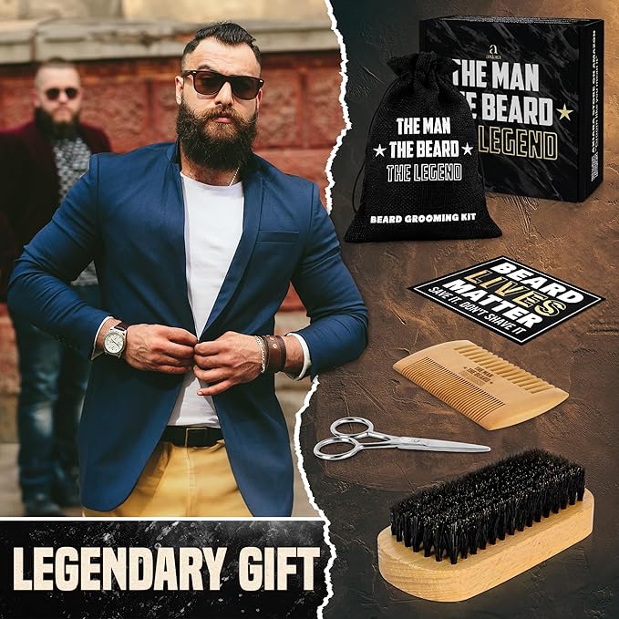 Gifts for Men - Beard Kit Grooming and Care with Brush, Comb, Scissors & Storage Bag - Anniversary Retirement Gifts for Men, Husband Birthday Gift Ideas