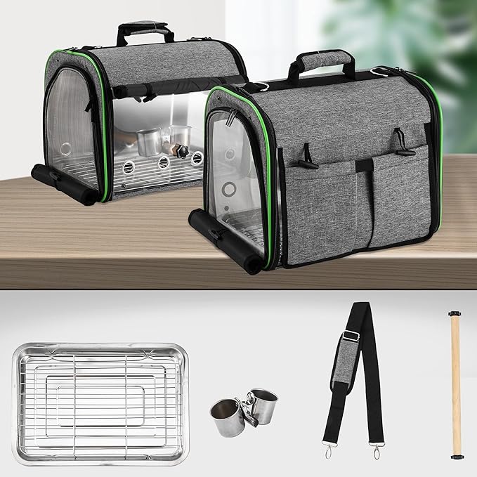 Suertree Bird Carrier Bag Bird Travel Cage Indestructible Stainless Steel Mesh, Bag with Stand for Parrot, Portable Bird Travel Bag, Pet Transparent Breathable Travel Cage