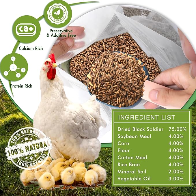 Chicken Feed, 15lb Dried Black Soldier Fly Larvae Pellets for Chickens, Processed Chicken Food for Laying Hens, Chickens Layer Feed, Organic Bird Food with More Protein&Calcium Than Mealworms