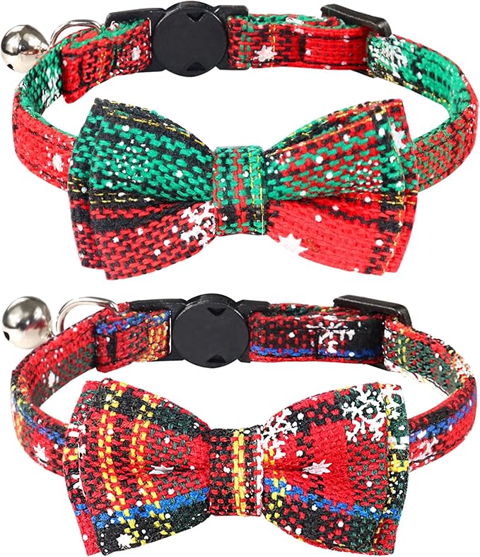 Joytale Upgraded Christmas Cat Collar with Bells, Breakaway Cat Collars with Bow Tie, 2 Pack Girl Boy Safety Plaid Kitten Collars, Christmas Red+Green