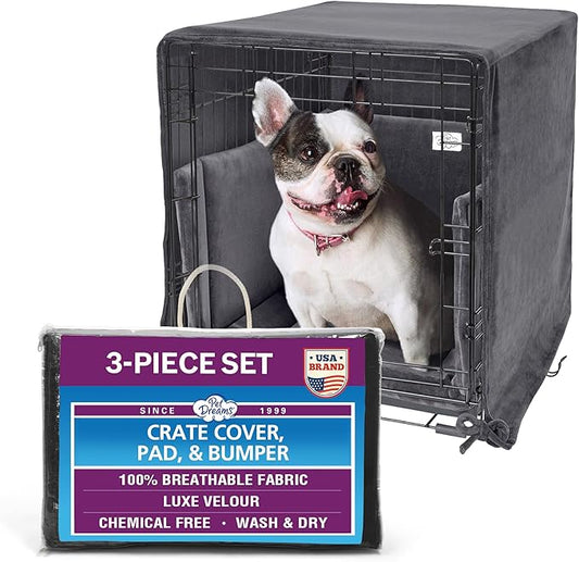 Pet Dreams 3-Piece Set Includes Dog Crate Cover, Dog Mat & Bumper Pad- Washable Kennel Bedding fits iCrate Cages 24, 30, 36, 42 Inch (Grey, Small, 24")