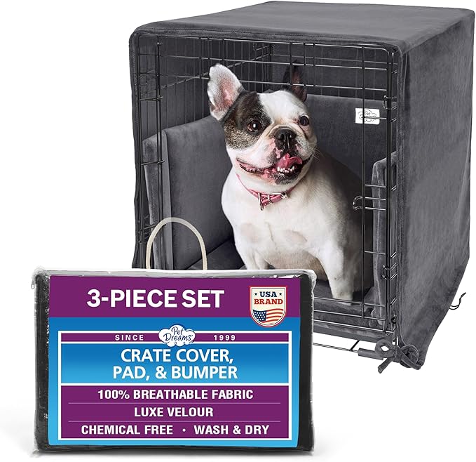 Pet Dreams 3-Piece Set Includes Dog Crate Cover, Dog Mat & Bumper Pad- Washable Kennel Bedding fits iCrate Cages 24, 30, 36, 42 Inch (Grey, X Large, 42")