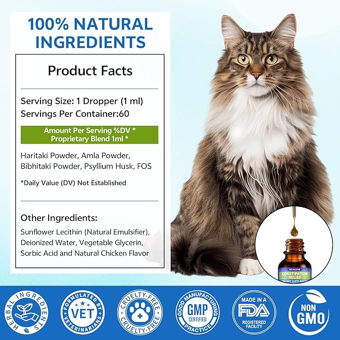 Cat Constipation Relief, Constipation Relief for Cats, Cat Constipation Support, Promotes Digestive Health, Chicken Flavor Natural Herbal Supplement, 60 ml/2 Fl Oz