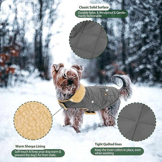 Dog Winter Coat for Small Dogs, Puppy Plaid Jacket, Pet Coat for Cold Weather, Windproof Warm Dog Jackets, Pet Thickened Outfits Indoor Outdoor, Grey S