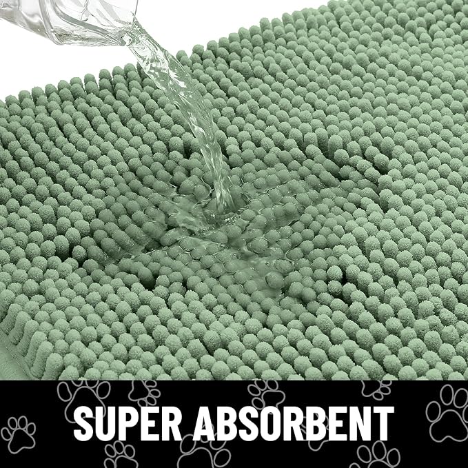 Smiry Dog Door Mat for Muddy Paws, Absorbent Dirt Trapper Non Slip Quick Dry Washable Chenille Mat for Mud Dogs, Entry Rug for Indoor and Outdoor (40x32 Inches, Olive Green and White)