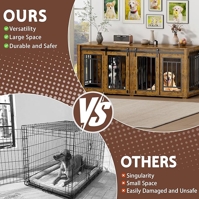 Large Dog Crate Furniture for 2 Dogs, Upgrade 71" Pro XXL Sliding Door Heavy Duty Dog Kennel Furniture with Divider, Steel Frame Indoor Double Dog Crate for Large Medium Small Dogs, Brown