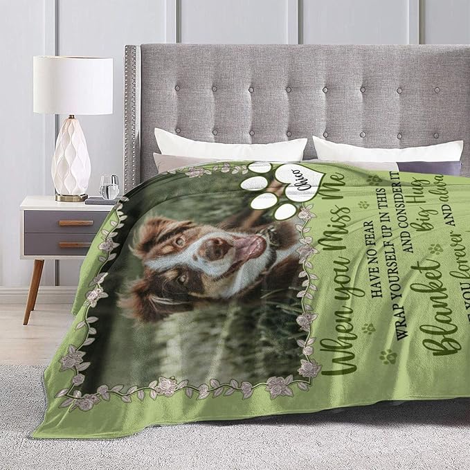 Custom Pet Memorial Blanket with Photo,Personalized Dog/Cat Loss Sympathy Gift,Pet Loss Bereavement Remembrance Gifts,Flannel Throw Blanket with Pictures (Light Green)