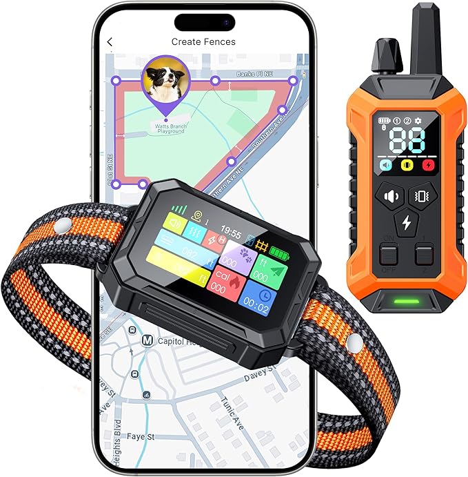 Meowant GPS Wireless Dog Fence System Collar with Training Remote, Free App, Custom Invisible Fence(82-7000ft), Beep/Vibration/Correction, Early Alert Band, Waterproof LCD Collar, Dogs 10+Lbs, Outdoor