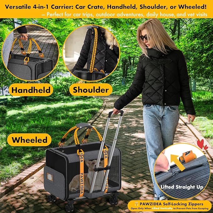 PAWZIDEA Expandable Large Pet Carrier with Wheels, 24x16x16 in Rolling Cat Carrier for 2–4 Cats up 55lb, Soft-Sided Collapsible Small Medium Dog Crate for Car Travel, Telescopic Handle, Storage Pocket