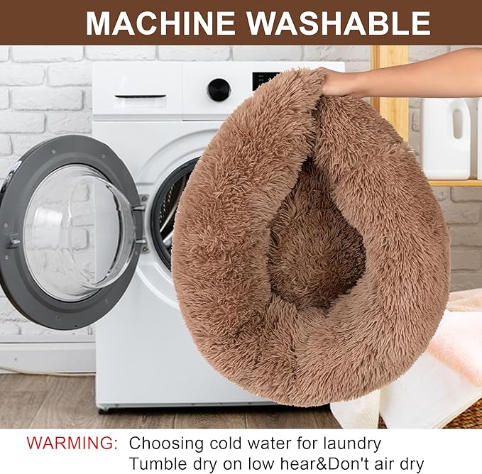 Dog Calming Beds for Small Medium Large Dogs - Round Donut Washable Dog Bed, Anti-Slip Faux Fur Fluffy Donut Cuddler Anxiety Cat Bed(36" Khaki)