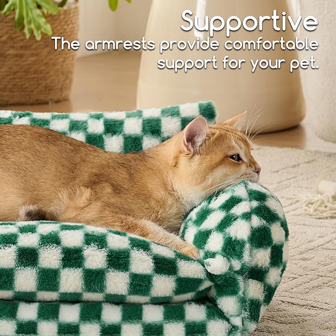 Hollypet Cat Bed Fluffy Plush Mutifuctional Double-Layer Soft Pet Couch Orthopedic Sofa Nest Beds for Small Cats and Dogs, Forest Green and White (21x15x8 inch)