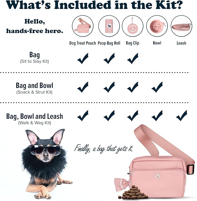 Puppington 3-in-1 Crossbody Dog Walking Bag & Treat Pouch with Matching Planet Safe Poop Bags & Built-In Dispenser - Zippered Pockets (Blush Pink)
