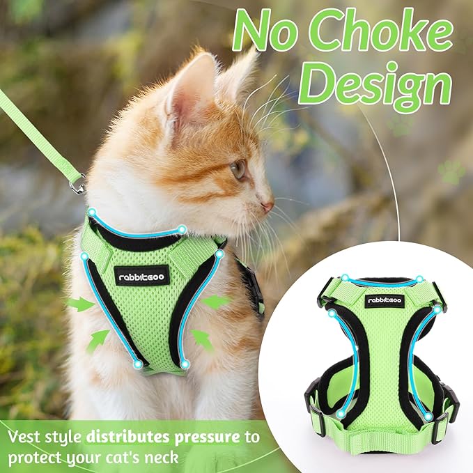 rabbitgoo Cat Harness and Leash for Walking, Escape Proof Soft Adjustable Vest Harnesses for Cats, Easy Control Breathable Reflective Strips Jacket, Light Green, M