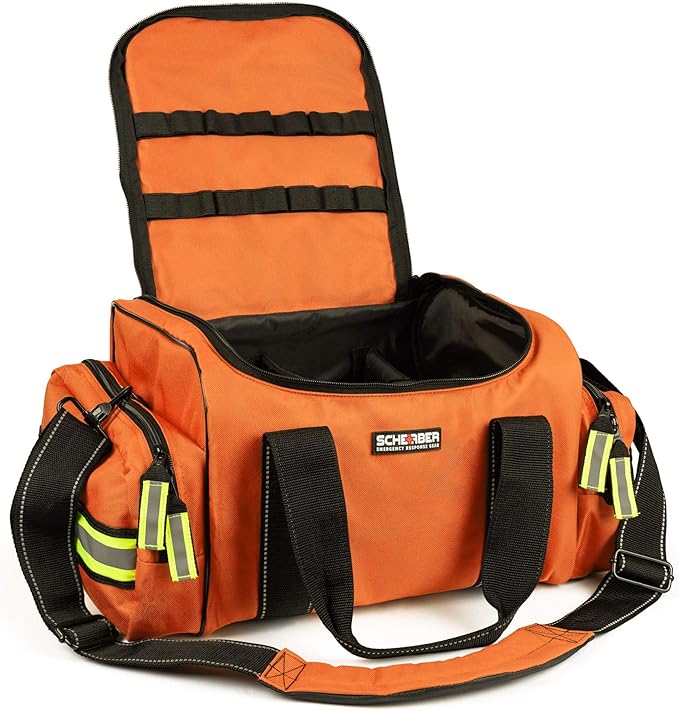 Scherber Fully-Stocked First Responder Bag | Professional EMT/EMS Trauma & Bleeding Medical Kit | HSA/FSA Approved | CAT Tourniquet, HyFin Chest Seal Israeli Bandage & 250+ First Aid Supplies (Orange)