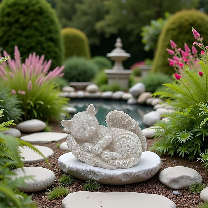 Small Cat Memorial Stone Commemorates Our Lost Fur Baby,Peaceful Sleeping Angel Statue for Garden,Indoor,Pet Grave Markers,and Loss of Cat Sympathy Gift (Milky White, Small)