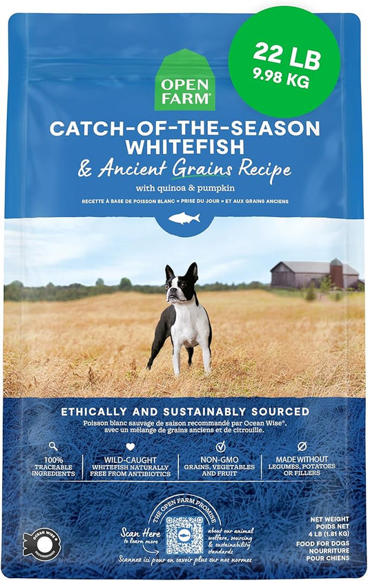 Open Farm, Ancient Grains Dry Dog Food, Protein-Rich & Nutrient Dense, 90% Animal Protein Mixed with Non-GMO Fruits, Veggies and Superfoods, Catch-of-The-Season Whitefish Recipe, 22lb Bag