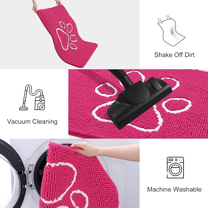 Smiry Dog Door Mat for Muddy Paws, Absorbent Dirt Trapper Non Slip Quick Dry Washable Chenille Mat for Mud Dogs, Entry Rug for Indoor and Outdoor (36x24 Inches, Hot Pink)